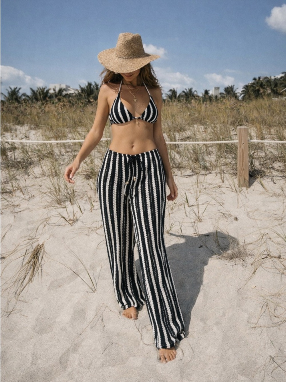 3 piece set: bikini and pants crochet knit swimsuit set black white striped